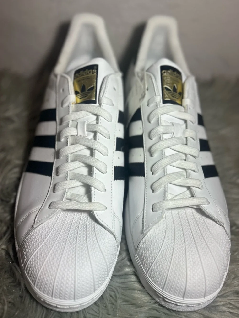 ADIDAS ORIGINALS SUPERSTAR WHITE/BLACK Leather Gold Accent Sneakers Size 19